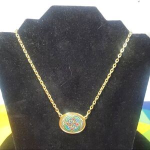 Vintage Sarah Coventry Gold Tone 18" Multicolor Oval Mosaic Pendant Necklace